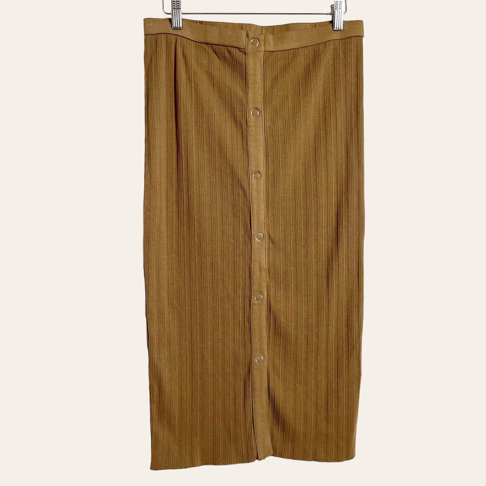 Enza Costa Brown Rib Knit Snap Button Down Midi Skirt Size Large New